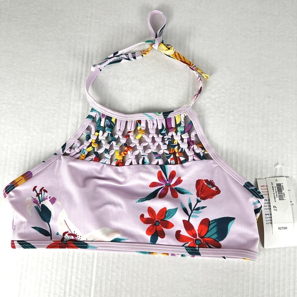 Old Navy‎ Halter Tankini Girls Size XL Purple Tropical Floral Bikini Top